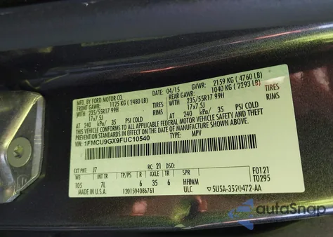 2015 Ford Escape Se z USA, uszkodzony, nr VIN 1FMCU9GX9FUC10540